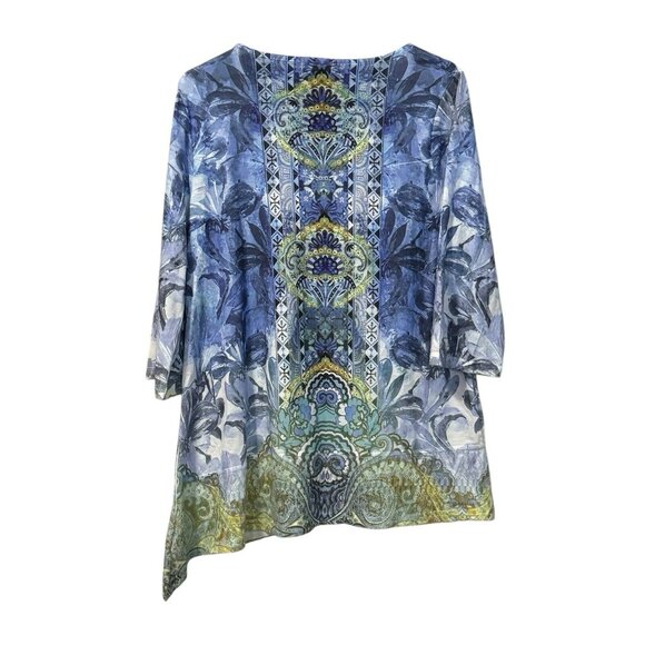 One World Live & Let Live Knit Tunic Sz L Blue Rhinestone Artsy Asymmetrical Hem - Picture 2 of 12